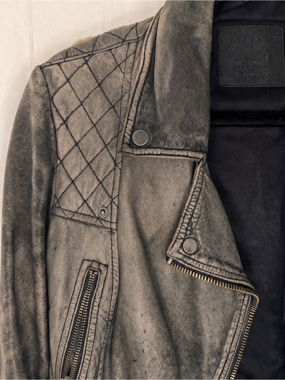AllSaints Distressed Grey Quilted Leather Biker Jacket- Cargo Moto - Picture 5 of 6